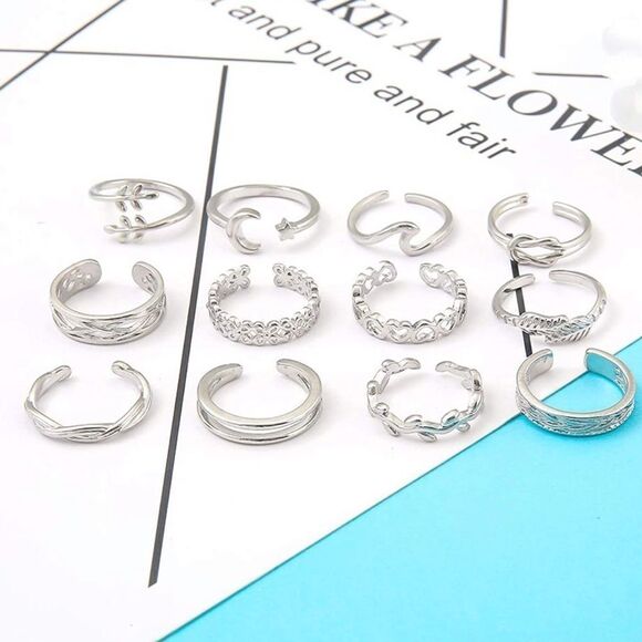 Silver Adjustable Open Toe Rings - Set of 12 - Picture 2 of 7